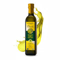 Bottle of Thessi olive oil with a splash of oil on a white background
