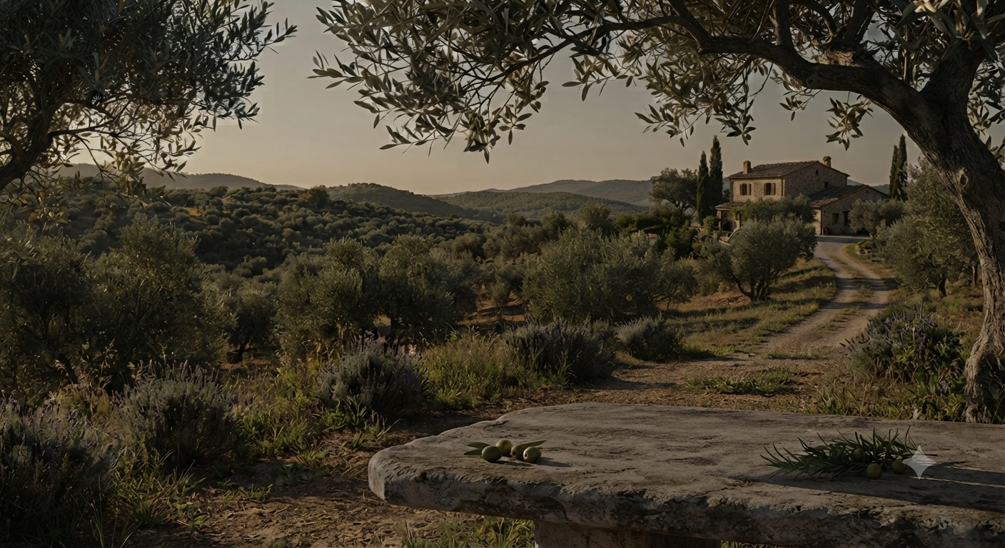 A scenic outdoor landscape with olive trees, rolling hills, a dirt path leading to a small building, and a stone wall in the foreground under warm golden light.
