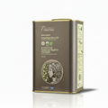 Olive oil tin with branding and product details on a white background