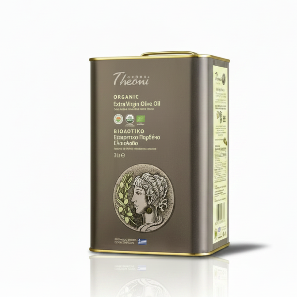 Olive oil tin with branding and product details on a white background